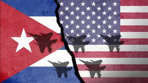 Flag of USA and Cuba painted on a concrete wall with airplane shadows Stock Footage 341999722