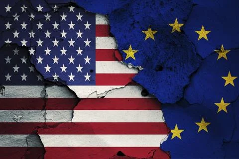 Flag of USA and EU painted on cracked wall Stock Illustration