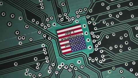 Flag of USA on a microprocessor, CPU or GPU microchip on a motherboard. AI Bill Stock Footage 263243660