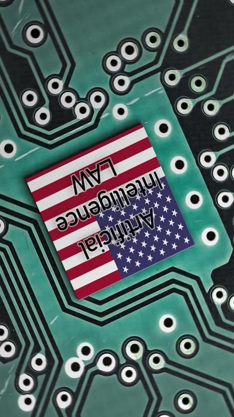Flag of USA on a microprocessor, CPU or GPU microchip on a motherboard. AI Bill Video stock 263243773