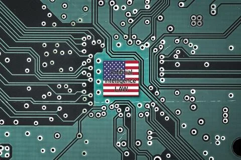 Flag of USA on a microprocessor, CPU or GPU microchip on a motherboard. AI Bill Stock Photos
