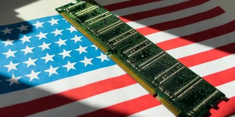 Flag of USA on a processor, CPU Central processing Unit or GPU microchip on.. 스톡 사진