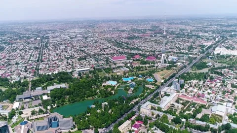 Flag of uzbekistan on top of the television tower in tashkent part 3 Stock Footage 219677341