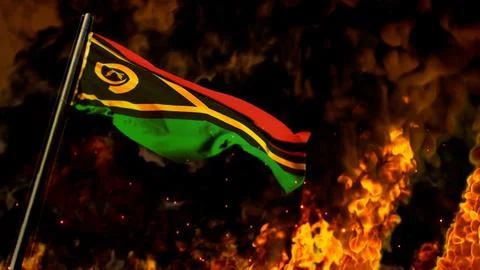 Flag of Vanuatu on burning fire bg - hard times concept Stock-Illustration