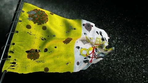 The flag of Vatican City is torn and marked with the virus of covid-19 . Stockbeeldmateriaal 127200401