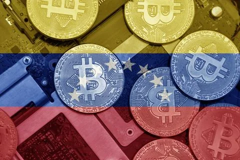 Flag of venezuela on the bitcoins with computer electronic circuit board back Stock-Fotos