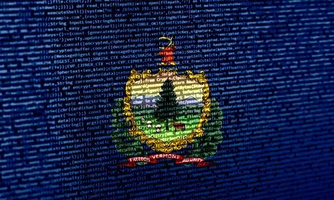 Flag of Vermont over digital code. Concept of cybersecurity, innovation, an.. Stock Photos