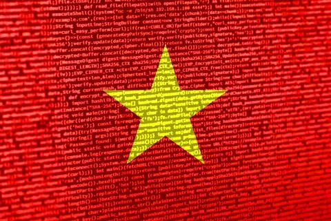 Flag of Vietnam over digital code. Concept of cybersecurity, innovation, an.. Foto stock
