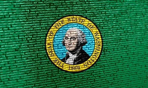 Flag of Washington over digital code. Concept of cybersecurity, innovation,.. Foto stock