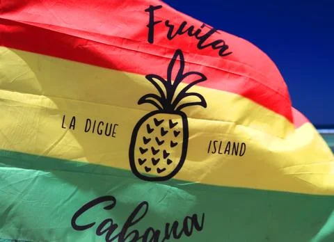 Flag waving at Anse Source dArgent beach showing local spirit and pride Stock Photos