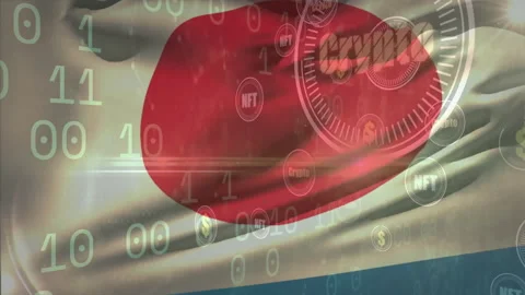 Flag waving sending binary code NFT $icons rising and crypto gauge pulsing for Stock Footage 312407660