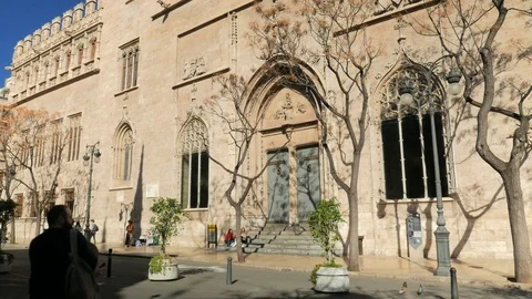 Flag waving on the tower of the Lonja de la Seda, Valencia, Spain Stock Footage 102759257