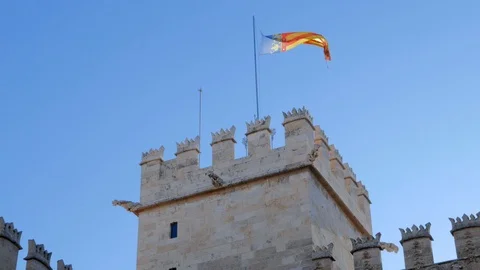 Flag waving on the tower of the Lonja de la Seda, Valencia, Spain Stock Footage 102817644