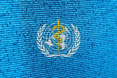 Flag of WHO over digital code. Concept of cybersecurity, innovation, and di.. Stock Photos