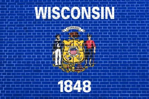 Flag of Wisconsin on brick wall texture background Stock Illustration