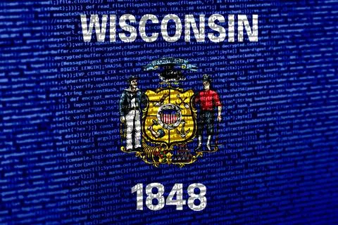 Flag of Wisconsin over digital code. Concept of cybersecurity, innovation, .. Stock Photos