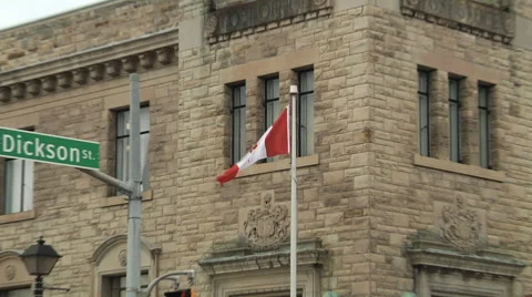Flag, zoom-out,Canada Post old historical building street view. Stock Footage 55814129