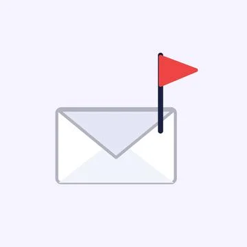 Flagged email flat icon with envelope and red flag marking important or Stock Illustration