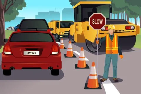 Flagger working on road construction Stock Illustration