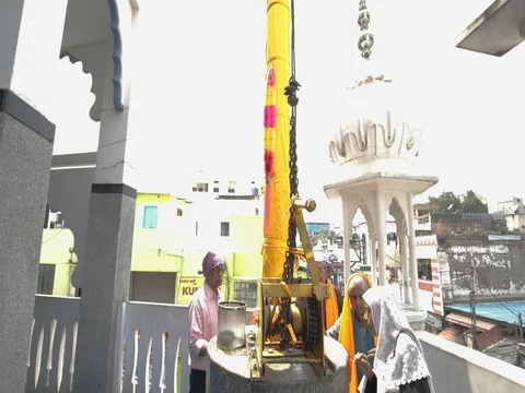 Flagpole Sikh flag Gurudwara INDIA Stock Footage 81113225