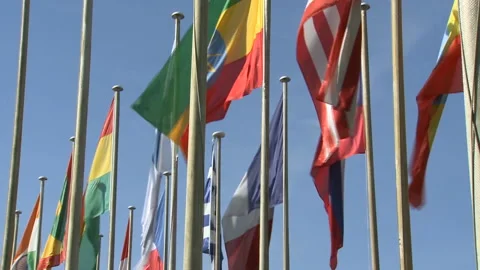 On flagpoles waving in wind flags of different countries Stock-Footage 98390806
