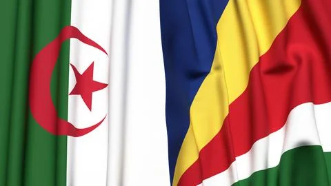 Flags of ALGERIA and SEYCHELLES  with realistic cloth texture Stock Photos