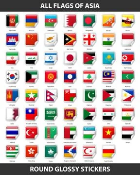 Flags of all countries of Asia. Round Glossy Stickers Stock Illustration
