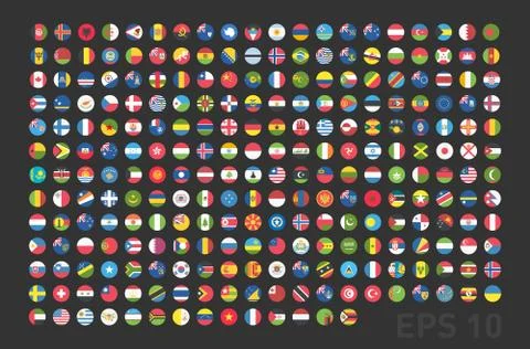 Flags of all countries round web buttons in flat. Vector EPS 10 Stock Illustration