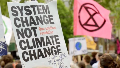 Flags and banners Waving During Extinction Rebellion Global Climate Change Rally Stock Footage 107931924