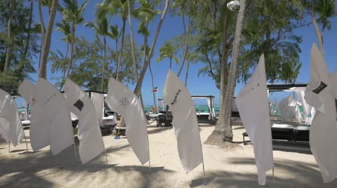 Flags and canopy beds on the beach in the Dominican Republic Stock Footage 50371065
