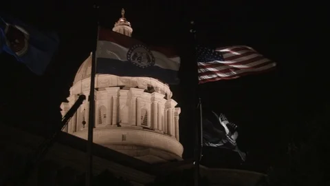 Flags and Capitol at Night Stock Footage 91113685