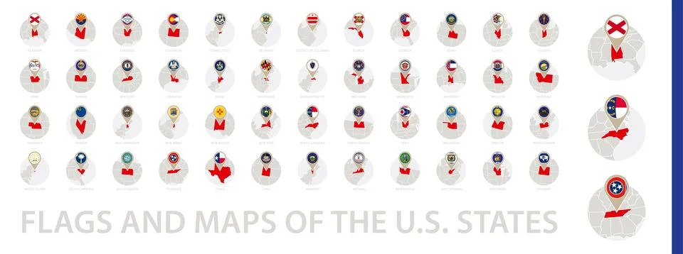Flags and Maps of U.S. States, Alphabetically sorted flags and maps. Stock Illustration