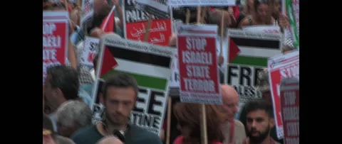 Flags and Placards Huge Crowd Marching for Gaza on August 9 2014 London UK Stock Footage 144252572