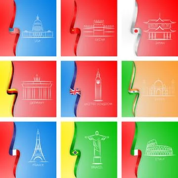 Flags and sights of different countries icons in set collection for design Stock Illustration