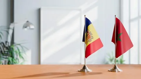 FLAGS OF  ANDORRA AND MOROCCO  ON TABLE Stock Photos