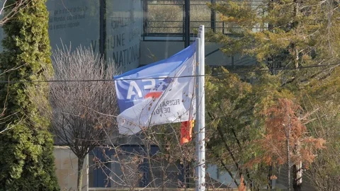 Flags are swinging in the wind in Bucharest, Romania. Stock Footage 125780600
