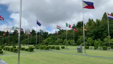Flags are waving at United Nations Memorial Cemetary. Busan, South Korea Stock Footage 306573358