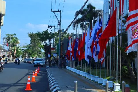 Flags of asean countries installed in front of the hotel Stock Photos