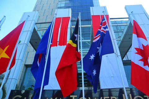 Flags of asean countries installed in front of the hotel Stock Photos