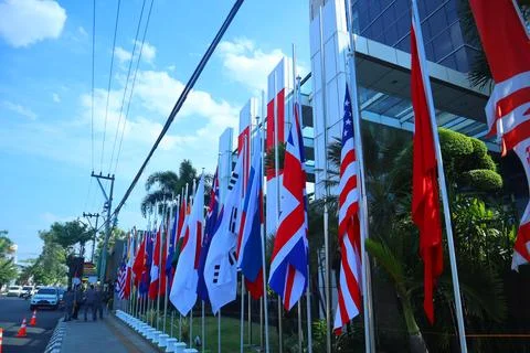 Flags of asean countries installed in front of the hotel Stock Photos