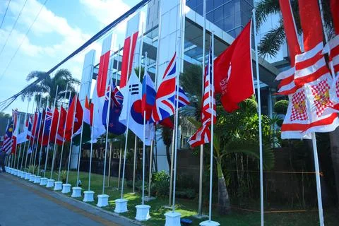 Flags of asean countries installed in front of the hotel Stock Photos