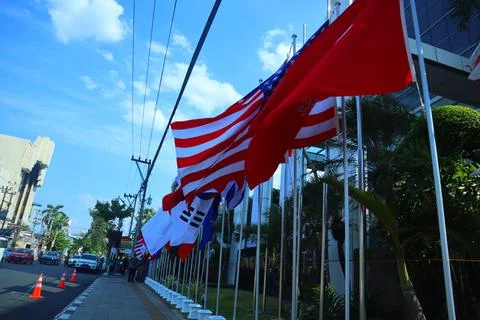 Flags of asean countries installed in front of the hotel Stock Photos