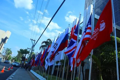 Flags of asean countries installed in front of the hotel Stock Photos