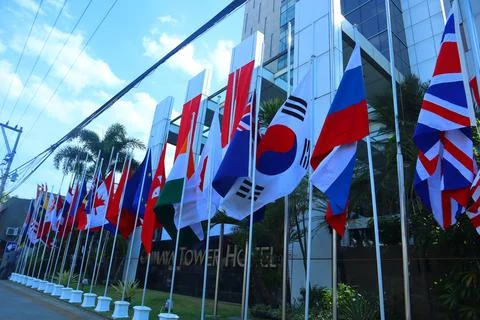 Flags of asean countries installed in front of the hotel Stock Photos