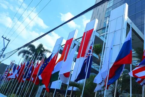 Flags of asean countries installed in front of the hotel Stock Photos