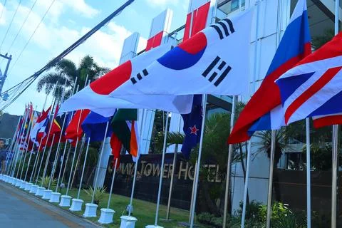 Flags of asean countries installed in front of the hotel Stock Photos