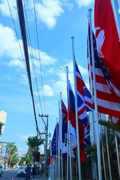 Flags of asean countries installed in front of the hotel Stock Photos