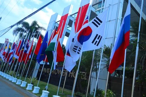 Flags of asean countries installed in front of the hotel Stock Photos
