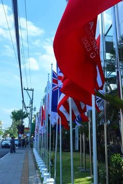 Flags of asean countries installed in front of the hotel Stock Photos