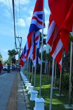 Flags of asean countries installed in front of the hotel Stock Photos